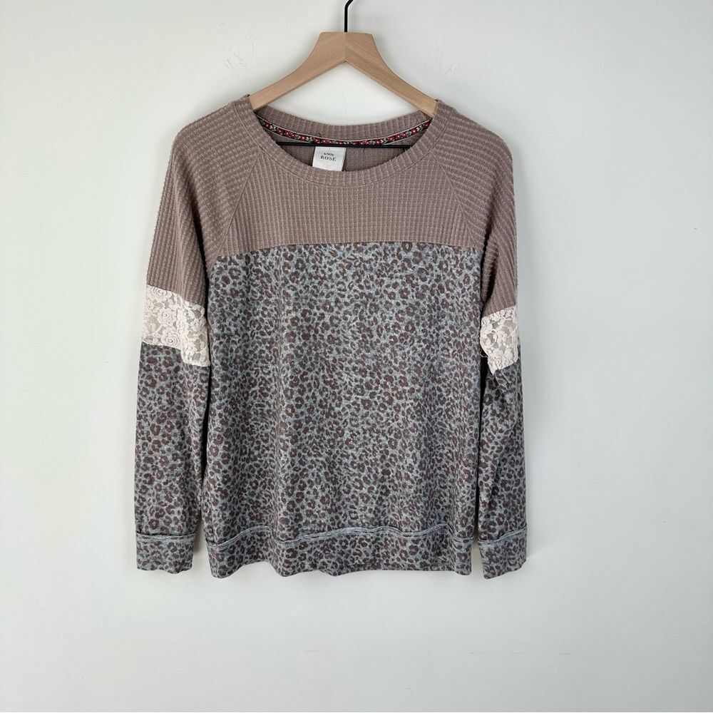 Knox Rose Mixed Media Cheetah & Lace Long Sleeve Top, M